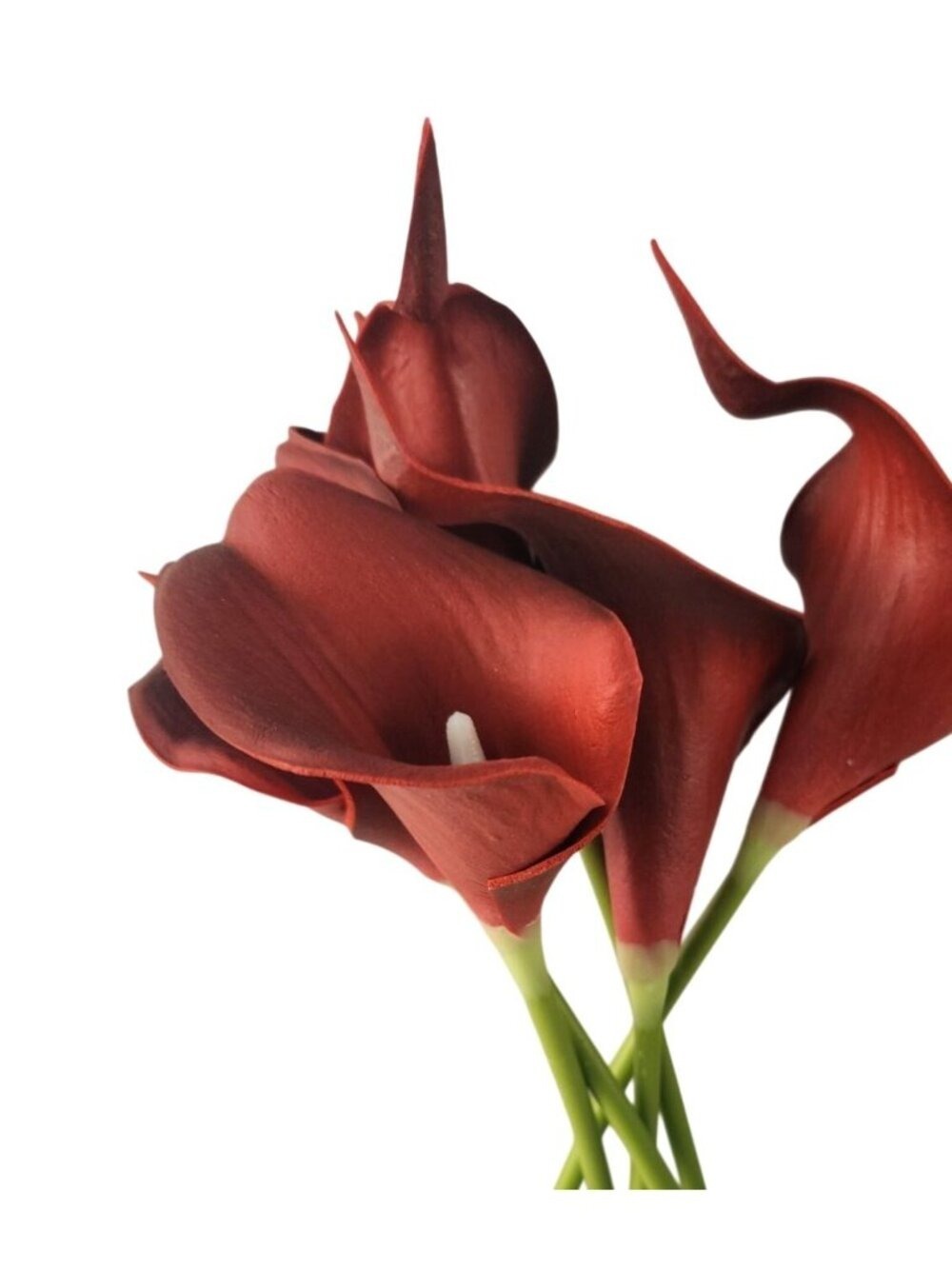Burgundy Calla Lily Stems Faux Floral Bouquet Wine Red Flowers 5 Stem Bunch Mood - Picture 3 of 11